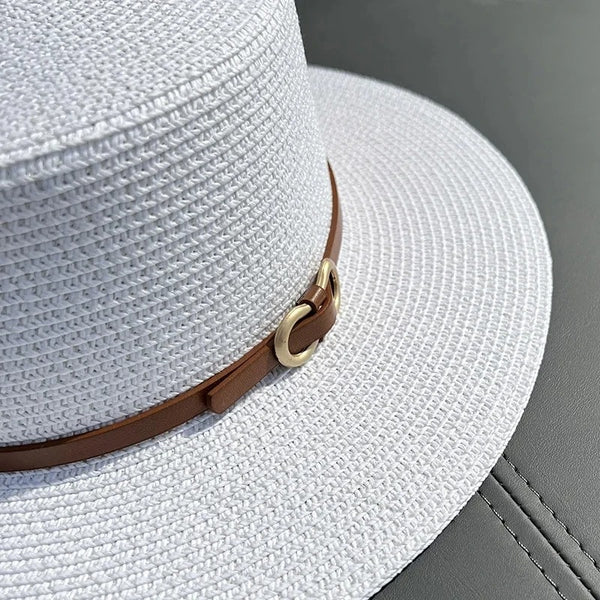 Chapeau de paille Canotier Mode femme - Lanière cuir et boucle