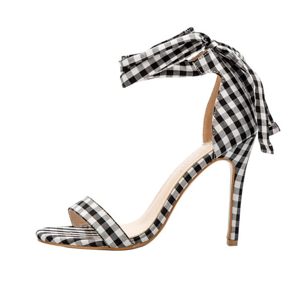 Chaussures Sandales carreaux écossai - Talon aiguille - Attache lacets de tissus