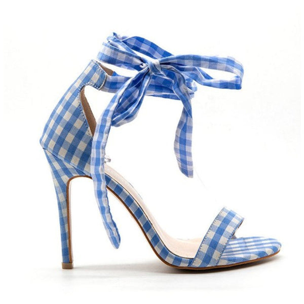 Chaussures Sandales carreaux écossai - Talon aiguille - Attache lacets de tissus