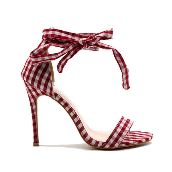 Chaussures Sandales carreaux écossai - Talon aiguille - Attache lacets de tissus