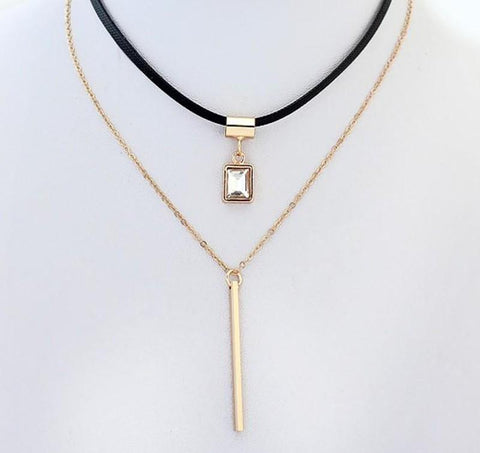 Collier pendentif Fashion mode - Or cuir zircon carré et barre verticale