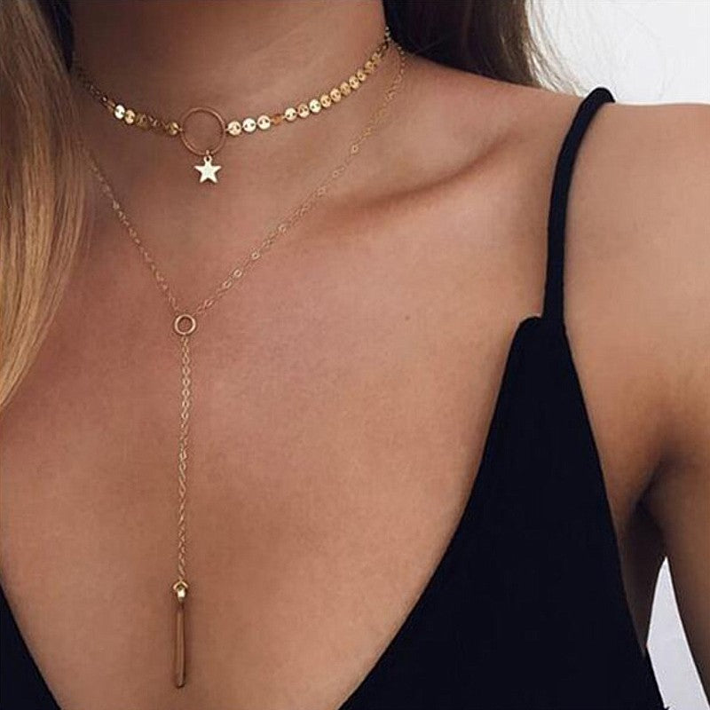 Collier pendentif Fashion mode - étoile anneau et barre