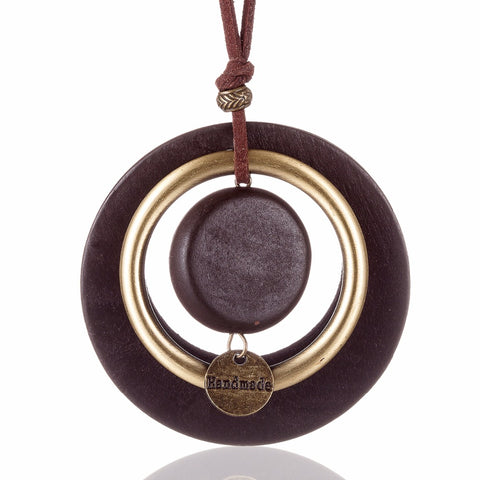 Collier pendentif long - Pendentif métal et bois Ethnique moderne