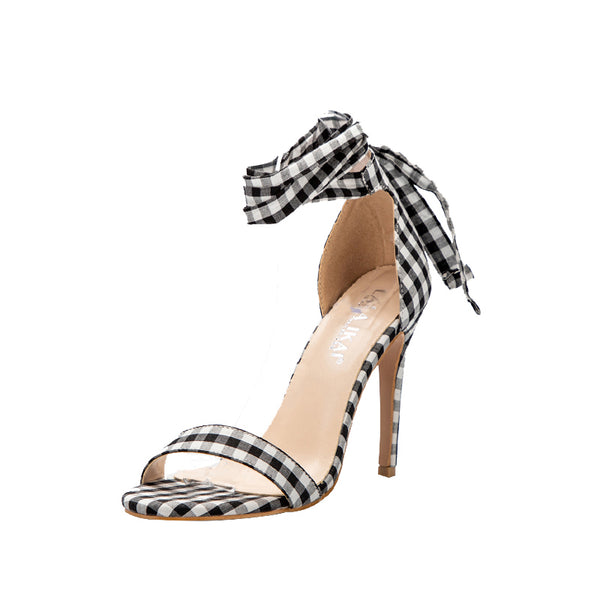 Chaussures Sandales carreaux écossai - Talon aiguille - Attache lacets de tissus