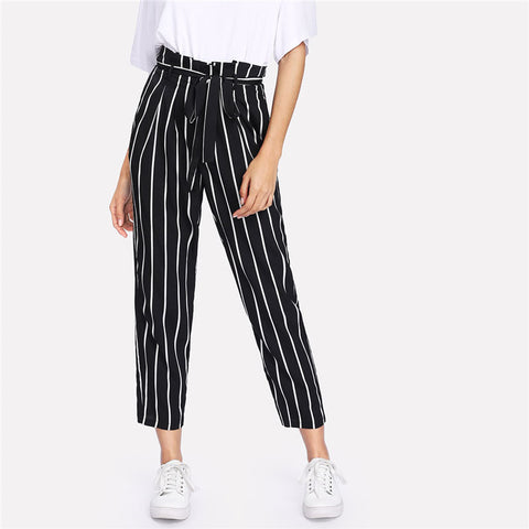 Pantalon mode rayures - Taille haute froncée et nœud en rosette assorti