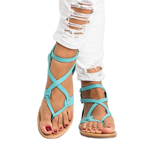 Sandales plates été à lanières croisées - Turquoise, or, noir, marron, rose