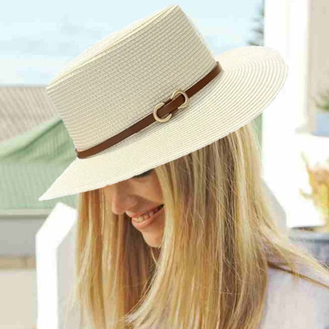 Chapeau de paille Canotier Mode femme - Lanière cuir et boucle