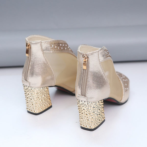 Chaussures Sandales-bottines métallisées - Talon haut carré - Fermeture éclaire arrière