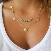 Collier pendentif Fashion mode - perles turquoises et pastilles or