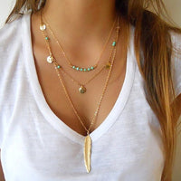 Collier pendentif Fashion mode - plume et perles turquoises