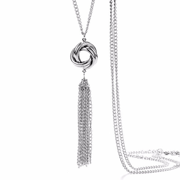 Collier pendentif long - Pendentif pompon métallique à franges chainettes