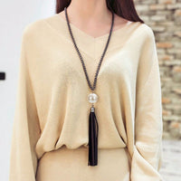 Collier pendentif long mode - perle et franges de cuir