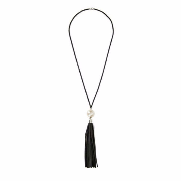 Collier pendentif long mode - perle et franges de cuir