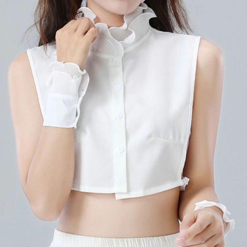 Faux col de chemise ou chemisier et manchettes mousseline de soie plissée évasée