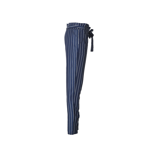 Pantalon coupe crayon - Fines rayures ou écossai - Taille haute froncée à nœud