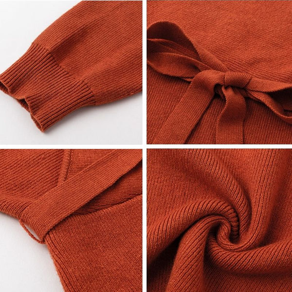 Robe tricoté - Manches longues - Haut croisé grand col V