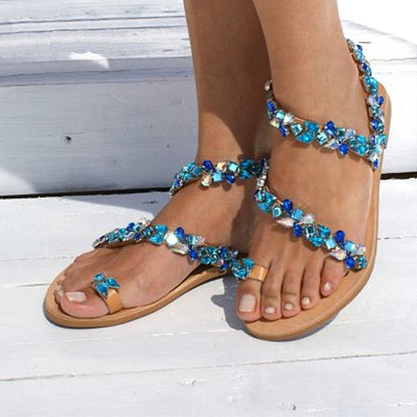 Sandales plates été à lanières décorées de cristaux bleus