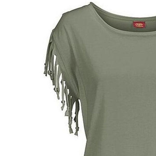 Top Haut - T-Shirt - Casual décontracte - Col oval Manches frangées et perles